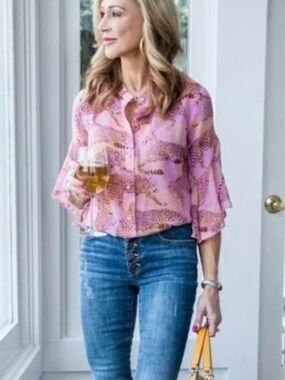 CAbi Style 5711 Pink Brown Leopard Graphic Print Sheer Button Down Ruffle Blouse